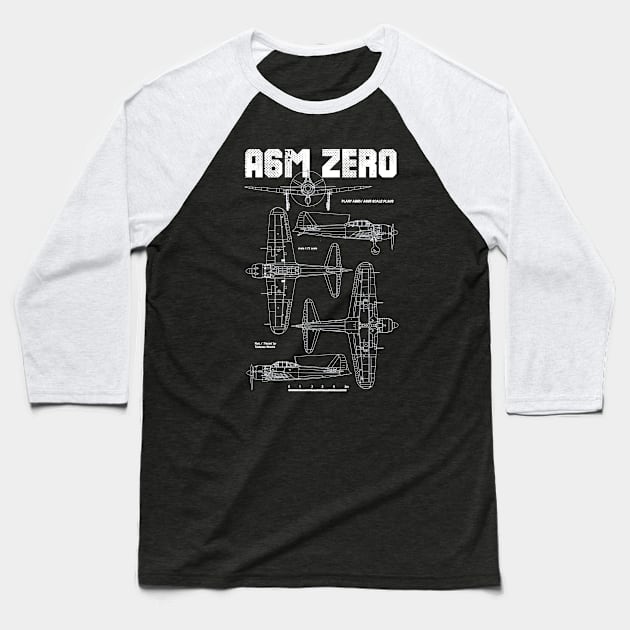 A6M Zero | World War 2 Japanese Plane Blueprint Baseball T-Shirt by Distant War